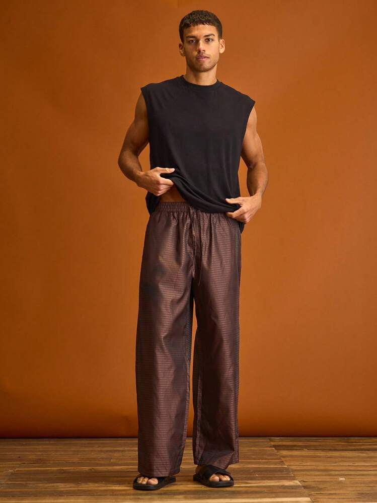 Musero Pantalones rectos de seda para hombres con cordón y cintura elástica, para verano, vacaciones y tiempo libre - Marrón - Añade 1