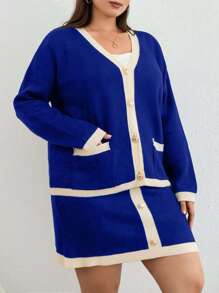 EURMUSE Contrast Trim Drop Shoulder Cardigan & Knit Skirt - Royal Blue - View 4