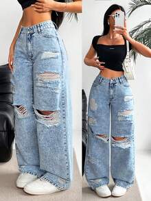 SHEIN EZwear 大码休闲水洗做旧直筒牛仔裤 - 藍色 - 查看 7