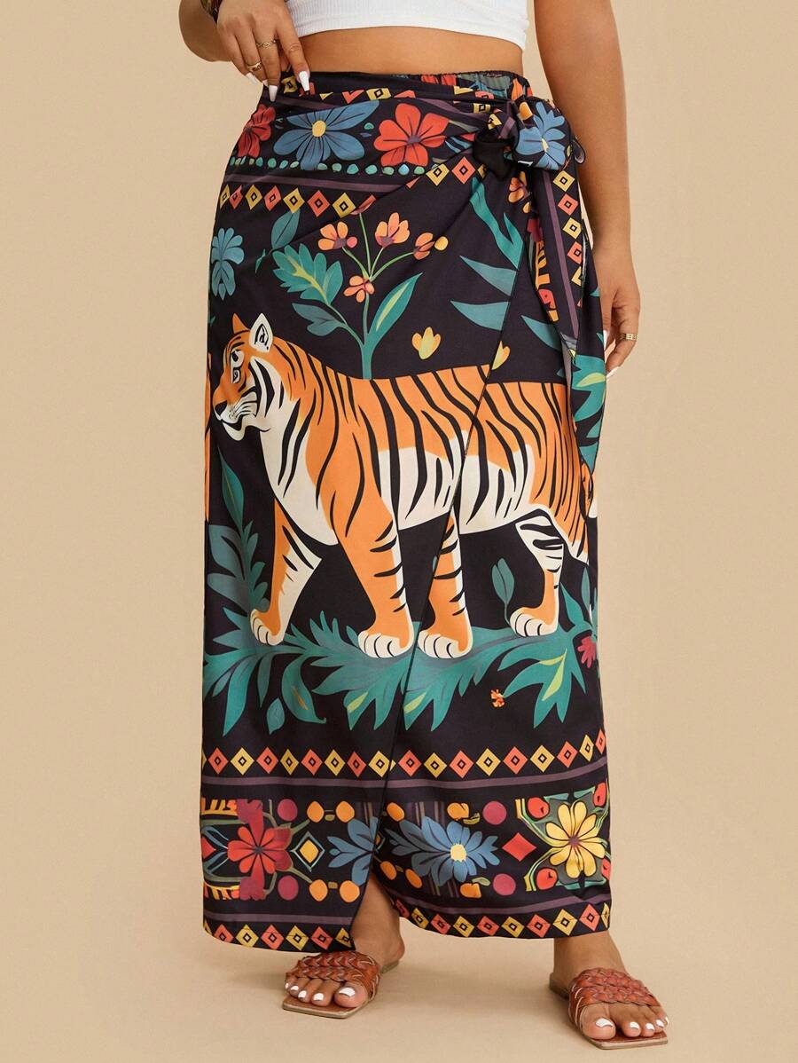 SHEIN VCAY 加大码女款热带植物与动物老虎印花波西米亚风裹身系带裙,夏季女款裹身裙,纱笼裙,虎纹裙,花卉印花裙,波西米亚风裙,度假,海滩,夏季,城市休闲,波西米亚风旅行,机场出行,乡村风,复古风,女士,图卢姆,教师返校秋季 - 彩色 - 查看 1