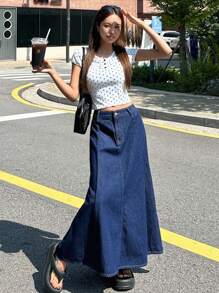 DAZY Chân váy denim dáng chữ A màu trơn, kiểu đuôi cá, thích hợp cho nữ đi nghỉ mát. - Rửa tối - Xem 4