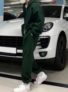 DAZY Men's Solid Green Color Hoodie Hooded Sweatshirt Set, For Autumn - Green - View 8