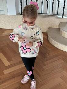 SHEIN Bộ áo len cổ tròn dễ thương thời trang thường ngày cho bé gái có tay dài in họa tiết và quần bó - Màu be - Xem 3