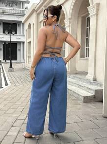 SHEIN ICON 大码女式无弹力休闲夏季牛仔连体裤 - 藍色 - 查看 2