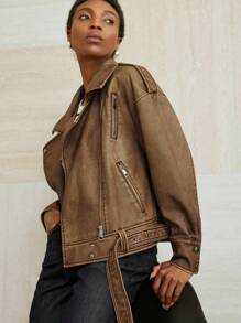 Aveloria Modichic Chaqueta de motociclista de mujer de piel sintética con cremallera metálica desgastada de moda