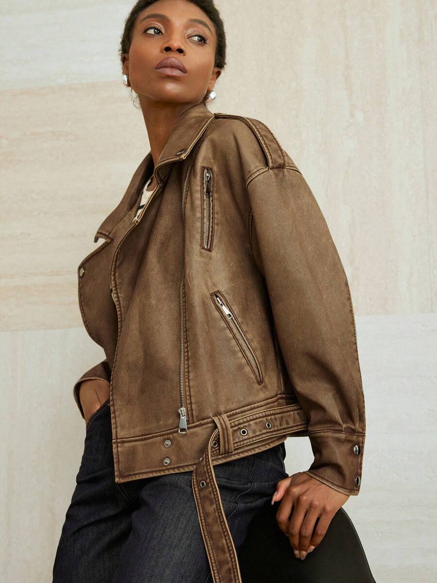 Aveloria Modichic Chaqueta de motociclista de mujer de piel sintética con cremallera metálica desgastada de moda