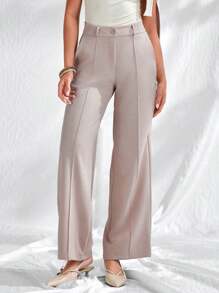 EURMUSE Women's Casual Commuting Solid High Waist Straight Leg Pants - Beige - View 6