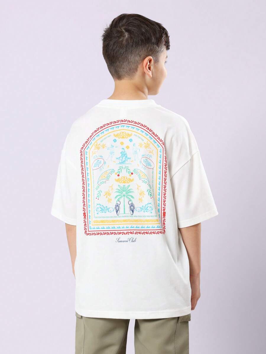 SUMWON T-shirt oversize d'été décontracté avec imprimé palmier sur le dos, design club méditerranéen île, streetwear graphique, vacances paradis de la plage, manches courtes, tenue de loisirs - Blanc - Voir 1