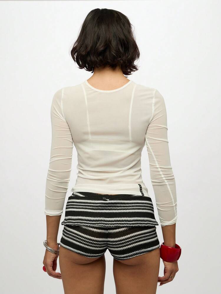 SUMWON WOMEN Crochet Knit Booty Shorts With Striped Pattern