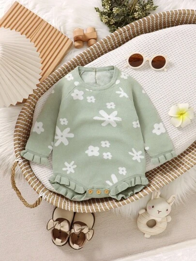 Bodys de manga larga con cuello redondo y volantes con estampado floral verde jacquard en estilo princesa dulce para bebés niñas