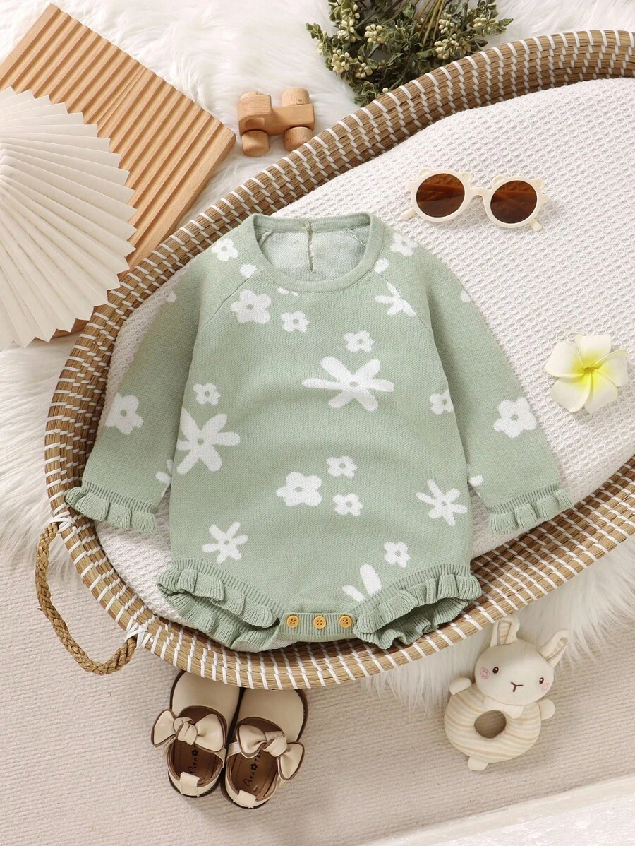 Baby Girls Sweet Princess Style Green Floral Jacquard + Ruffled Round Neck Long Sleeve Bodysuit Fall Winter - Green - View 1