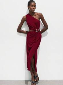 Maija 秋冬不对称领口金属扣装饰修身中长连衣裙，都市通勤商务休闲优雅连衣裙，适合圣诞节、万圣节、派对、婚礼宾客 - 酒紅色 - 查看 7