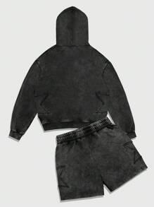 ROMWE MEN Casual Conjunto de sudadera con capucha con bolsillo y pantalones cortos con estampado de estrella para hombres, adecuado para primavera, verano y otoño - Negro - Ver 2
