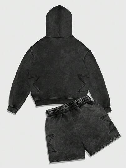 Street Life Men's Pocket Hooded Sweatshirt And Star Print Shorts Set, Suitable For Spring, Summer And Autumn