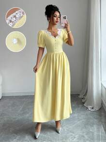 Modelyn Vestido de diseño elegante francés para mujer, ajustado a la cintura y de corte ceñido - Amarillo - Ver 1