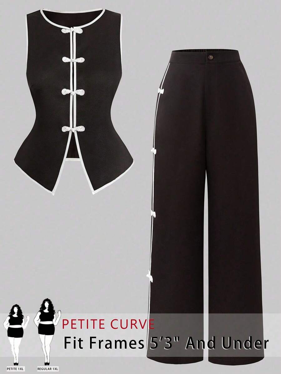 SHEIN PETITE 女款春夏优雅黑白撞色单排扣背心衬衫+女款春夏优雅黑色侧扣设计直筒裤 - 黑色 - 查看 1