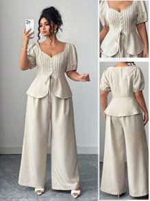 Elenzga Plus Size Fashionable Casual French Retro Elegant Commute Bowknot Puff Sleeve Blouse And Pants 2 Piece Set