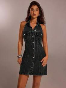 SHEIN Forever 21 女式休闲水洗纽扣前挂脖露背牛仔连衣裙，夏季 - 黑色 - 查看 3