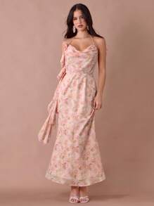 Enchnt Vestido largo de sirena con cuello de capucha, tirantes de espagueti, espalda descubierta y decoración de volantes con estampado floral rosa coral para mujer, para verano/otoño - Multicolor - Ver 3