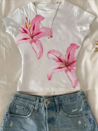 Attitoon 女士花卉印花圆领短袖修身T恤，适合夏季