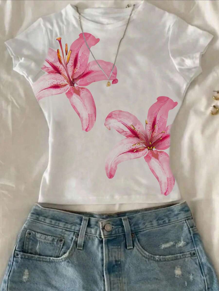 Attitoon 女士花卉印花圆领短袖修身T恤，适合夏季 - 白色 - 查看 1