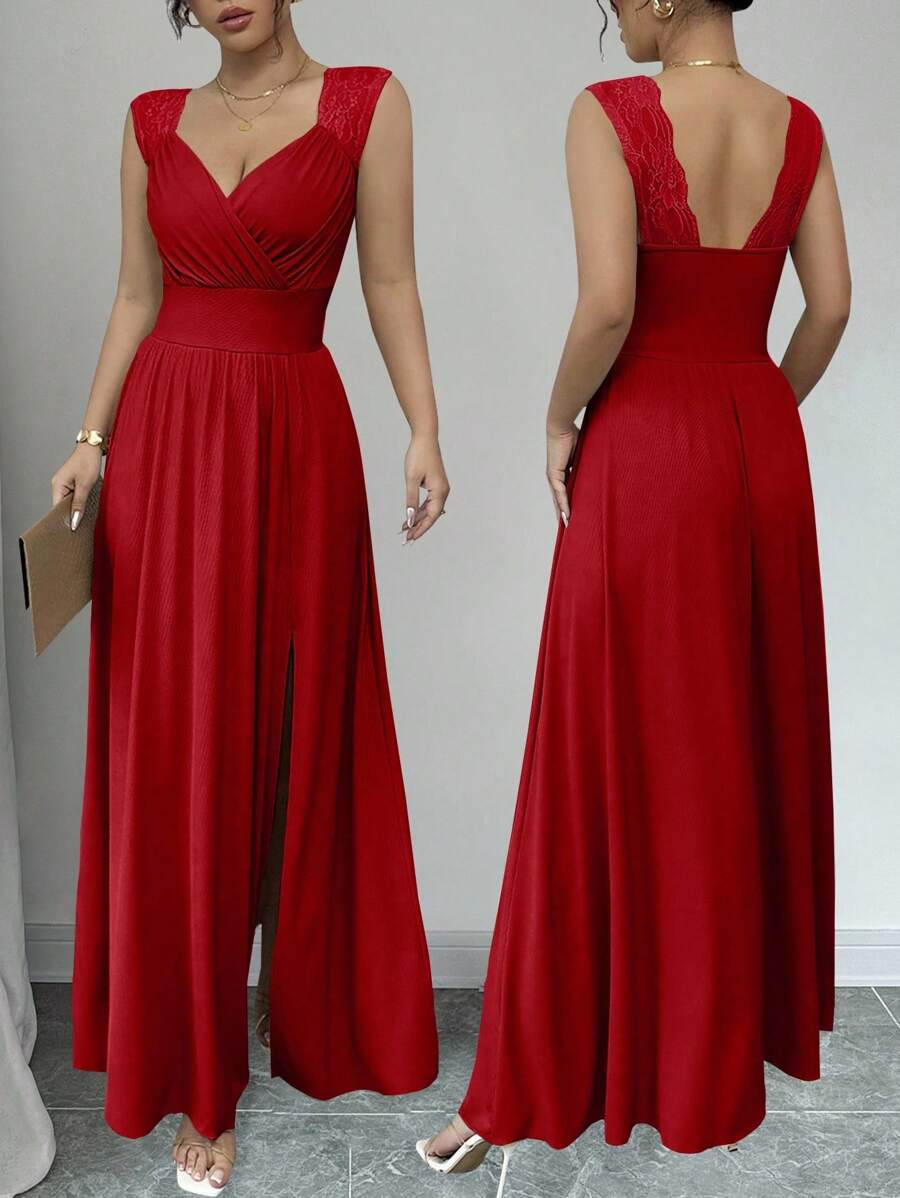 SHEIN Raffinéa Váy xẻ chữ A không tay, cổ chữ V, viền ren thanh lịch kiểu Pháp, eo nhún, màu kaki, mặc thường ngày, dự tiệc, cưới, xuân/hè - Đỏ - Xem 1