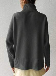 EURMUSE 女士休闲纯色宽松高领毛衣，适合秋冬季 - 灰色 - 查看 2