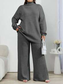 EURMUSE 2pcs High Neck Drop Shoulder Sweater And Ribbed Solid Color Sweater Pants - Dark Grey - View 7