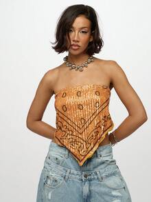 SUMWON WOMEN Sequin Bandana Print Cover Up Crop Top Convertible Bandeau Strapless Festival Beach Resort Wear Clubwear Party Summer Vacation Poolside - Yellow - View 6