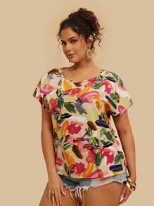 SHEIN VCAY Plus Allover Print Batwing Sleeve Summer Boho Blouse - Multicolor - View 3