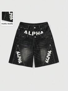 ROMWE Street Life 高街涂鸦印花拉链铆钉装饰复古水洗双腰带宽松女式牛仔裙裤 - 黑色 - 查看 1