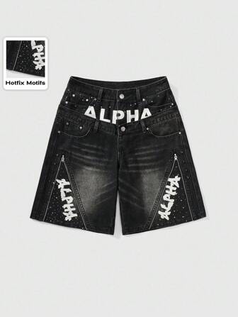Street Life Pantalones culotte vaqueros de mujer con ajuste suelto, lavado vintage, cintura doble, con cremallera, remaches y estampado de graffiti de estilo urbano