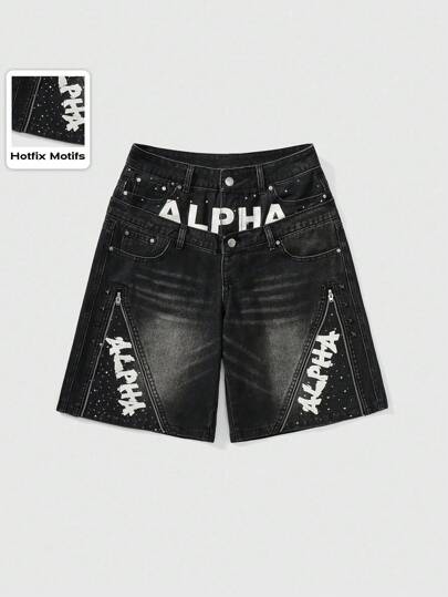 ROMWE Street Life High Street Graffiti Print Zippered Rivet Decorated Vintage Washed Double Waistband Loose Fit Women's Jeans Culottes