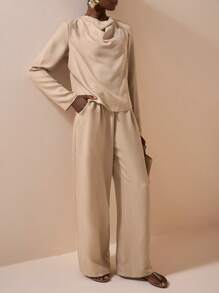 Zivah New Early Autumn Casual Elegant Daily Dating Commuting Party Intellectual Style Swing Collar High Collar Long Sleeve Loose Shirt + Straight Pants Jumpsuit Apricot Women's Two Pieces Suit-A - Apricot - View 1