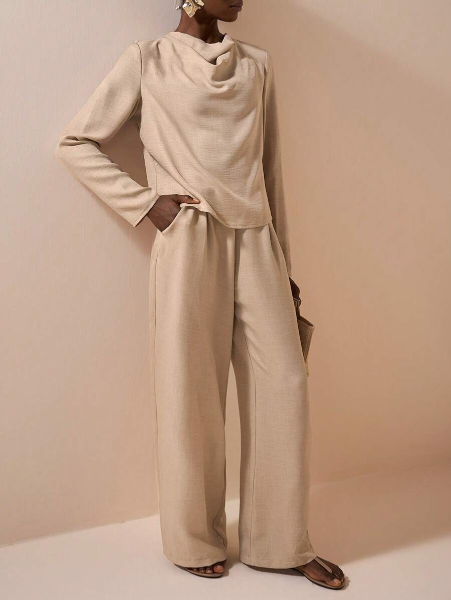 Zivah New Early Autumn Casual Elegant Daily Dating Commuting Party Intellectual Style Swing Collar High Collar Long Sleeve Loose Shirt + Straight Pants Jumpsuit Apricot Women's Two Pieces Suit-A - Apricot - View 1