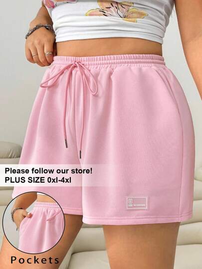 Solflare Plus Size Women's Solid Color Drawstring Waist Pocket Shorts, Summer,Comfy Shorts, Pink Athletic Shorts,Beach Vacation Outfits,School,Brunch,Back To School