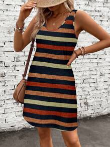 EMERY ROSE 女士休闲简约抽象彩色条纹印花连衣裙，适合夏季度假 - 彩色 - 查看 4