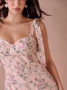 Enchnt Váy dài công chúa in họa tiết hoa cẩm tú cầu màu hồng pastel lãng mạn dành cho nữ mùa hè, cổ thắt nơ, dây đeo vai - Nhiều màu - Xem 2