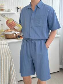 DAZY Summer Navy Solid Drawstring Elastic Waist Shorts, Matching Outfit With Men's Shirt - Blue - View 6