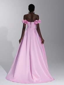 优雅奢华的露肩粉色 3D 花卉缎面舞会礼服，配有超大裙摆和拖尾，适合婚礼、生日派对、舞会、庆典、度假（大量装饰） - 粉色 - 查看 3