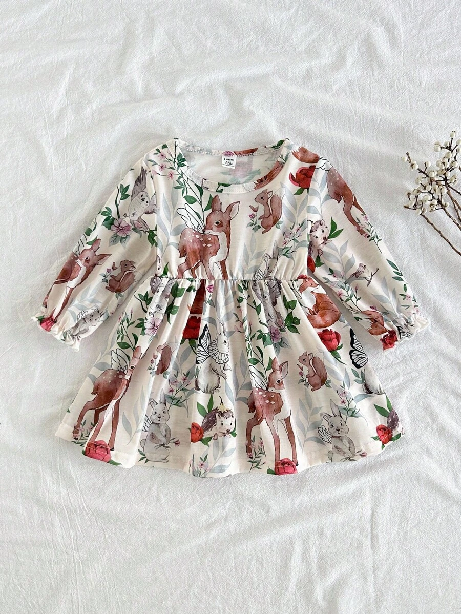 SHEIN Vestido de manga larga de punto para bebé niña, elegante vestido versátil y a juego de estilo pastoril y país, con estampado floral y botánico adorable y de moda - Multicolor - Ver 1