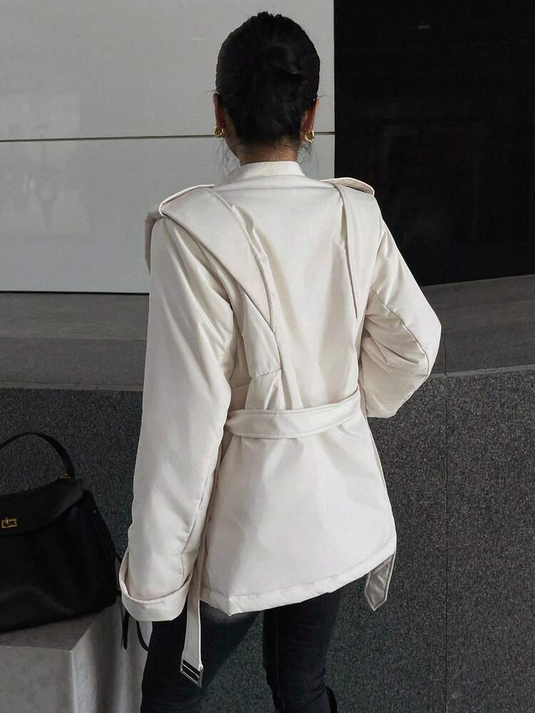 Women's White Refined Elegant Cinched Waist Medium-Long Thick Padded Jacket, Mature Lady Style Winter Coat