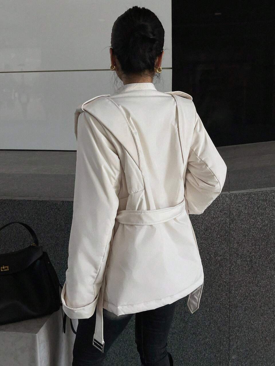 Women's White Refined Elegant Cinched Waist Medium-Long Thick Padded Jacket, Mature Lady Style Winter Coat