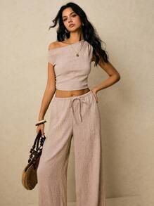 Poéselle 2 Stücke Damen Sommer lässiges einfarbiges Set mit asymmetrischem Kragen anliegender Crop Top und weiter Hose mit Kordelzug Taille