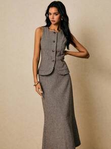 Poéselle 女式复古全印花纽扣前背心和迷你裙套装，夏季 - 棕色 - 查看 4