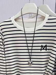 SHEIN Women's Letter Print Striped Casual Crew Neck Long Sleeve T-Shirt