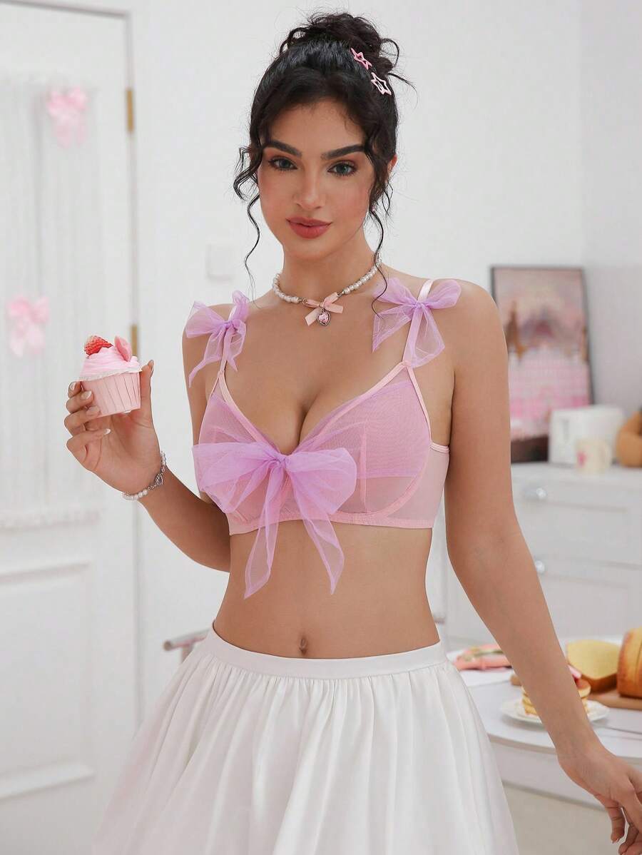 PetitDoll 1pc Women's Lavender Mesh Butterfly Embellished Underwire Sexy Bra - Multicolor - View 1