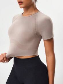 Easithlete Áo thun thể thao tay ngắn cổ tròn liền mạch màu trơn thời trang mùa hè - Màu Khaki - Xem 3