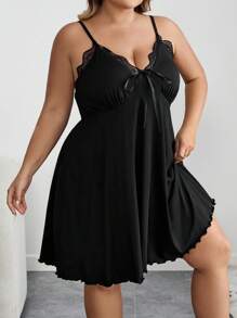 SHEIN CURVE+ Váy liền thân cổ vá ren đen cỡ lớn cho nữ cỡ lớn - màu đen - Xem 4
