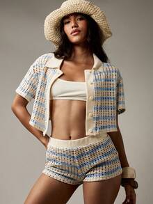 MISSGUIDED Bộ đồ bơi đi biển mùa hè cổ bẻ cài nút phía trước Polo Crop Top và quần short cạp cao Bộ đồ đi biển hồ bơi nghỉ dưỡng Bộ sưu tập xuân hè Đồ mặc nhà ngày lễ - Xanh và trắng - Xem 1
